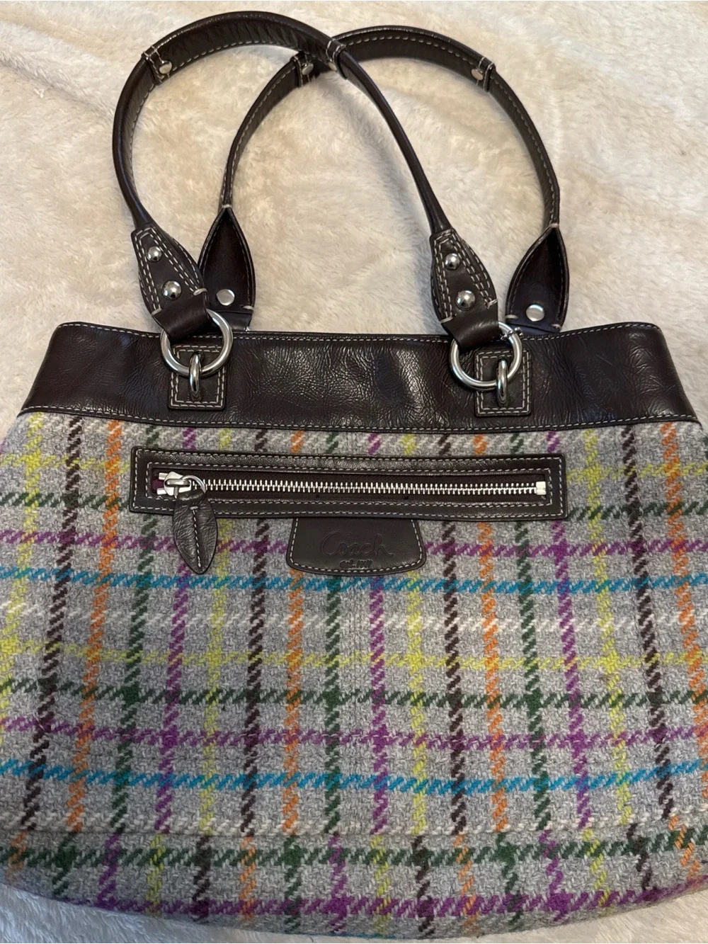 Coach Plaid Wool Tote with Dark Brown Leather Trim